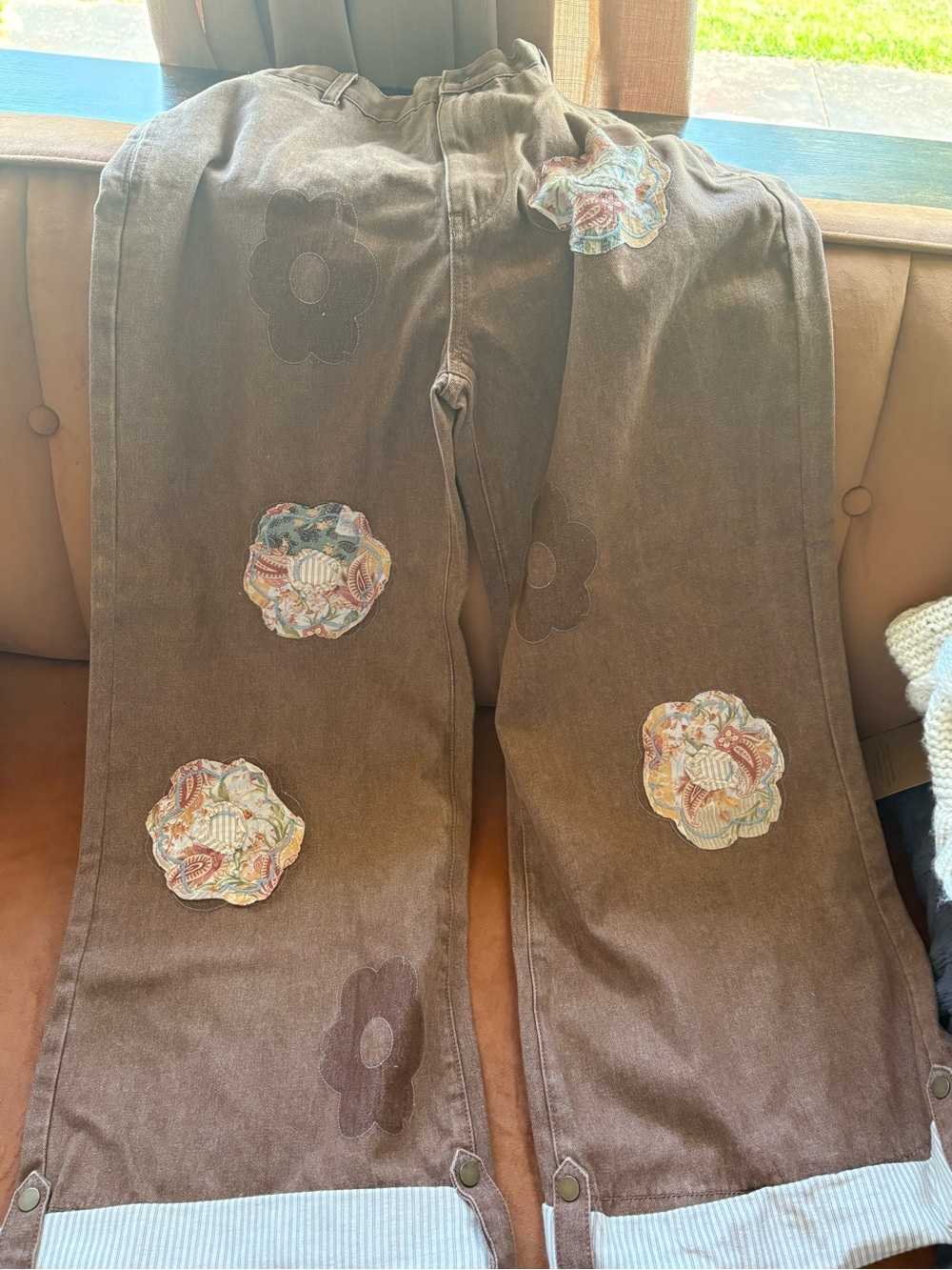 POL Brown Wide-Leg Pants with Floral Patchwork
